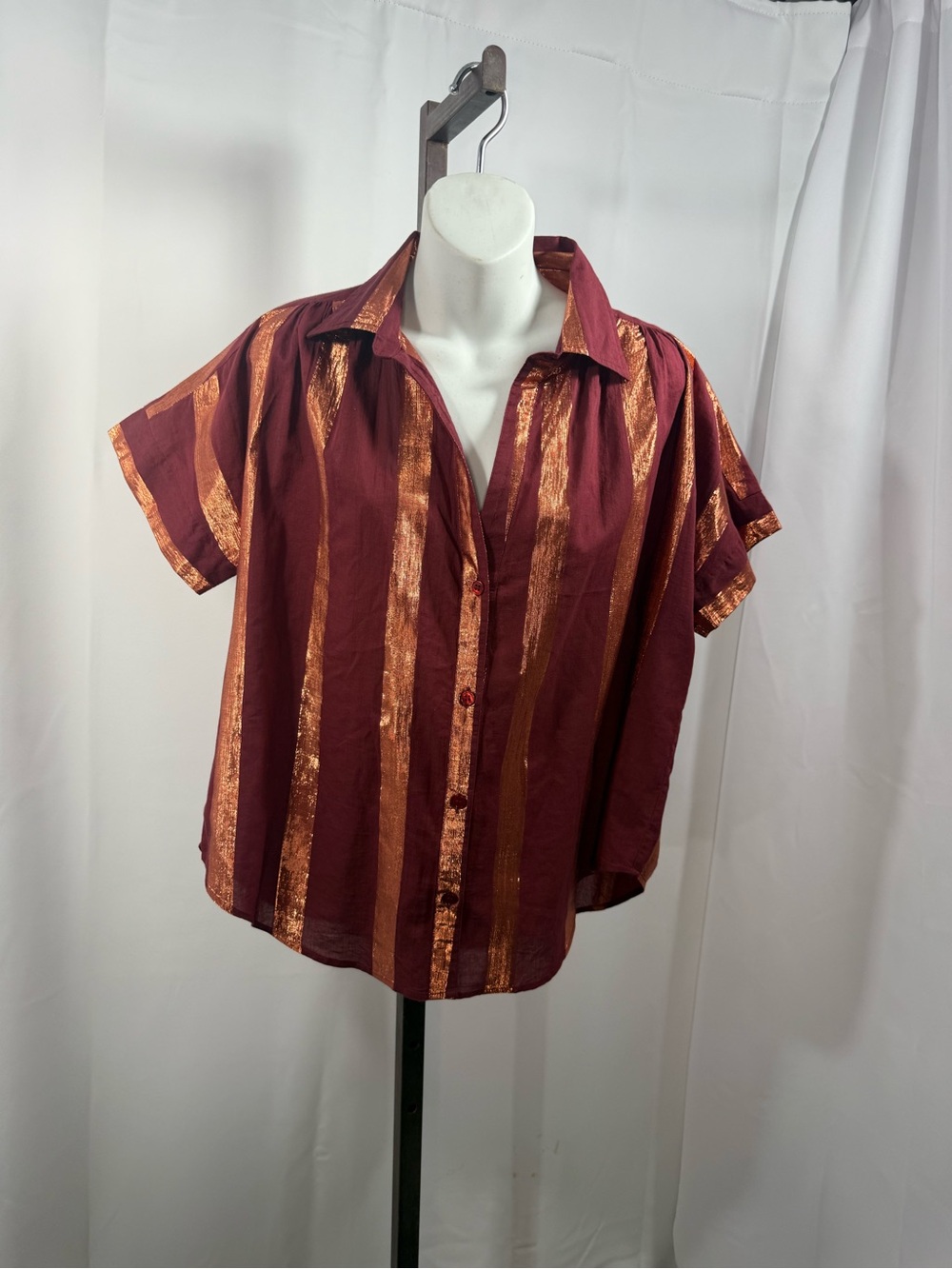 Anthropology Mauve Metallic Copper Striped Button Down | StatementBlouse | M - Picture 2 of 12